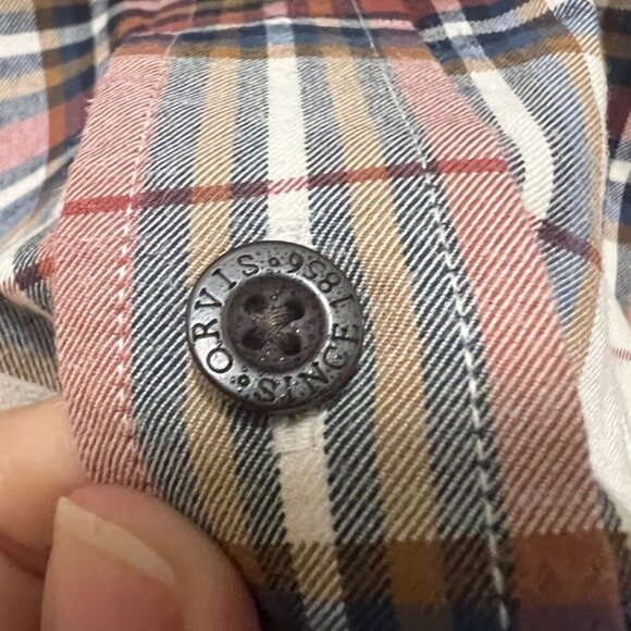 Orvis Casual Buttoned Down Shirt Cream Red Blue Plaid Size L - Picture 3 of 5